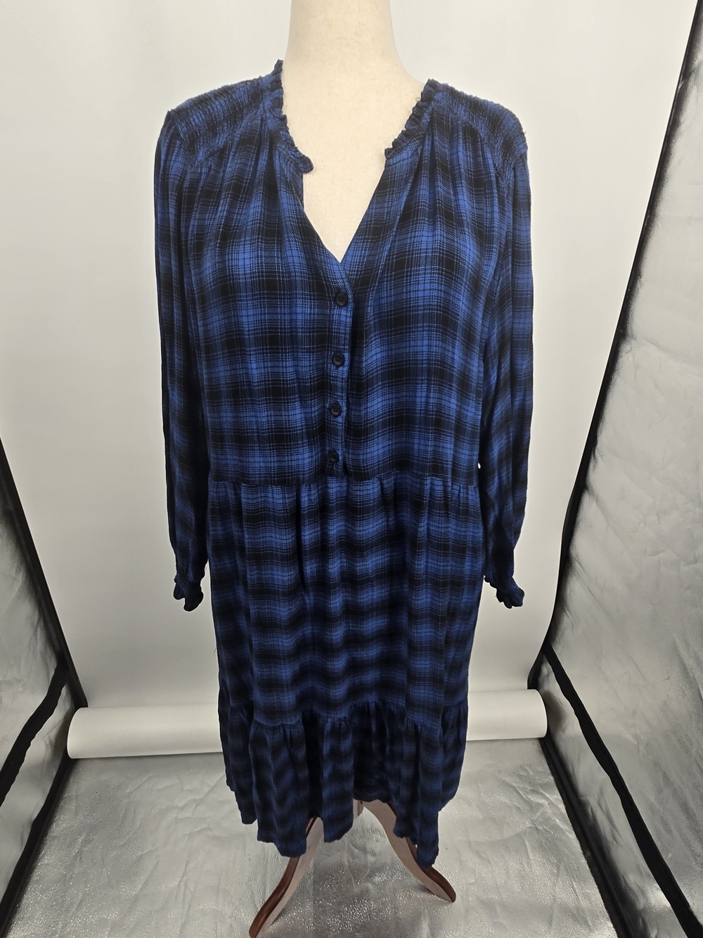 Blu White Blu Blue Plaid Button-Front Midi Dress XXL (8611)